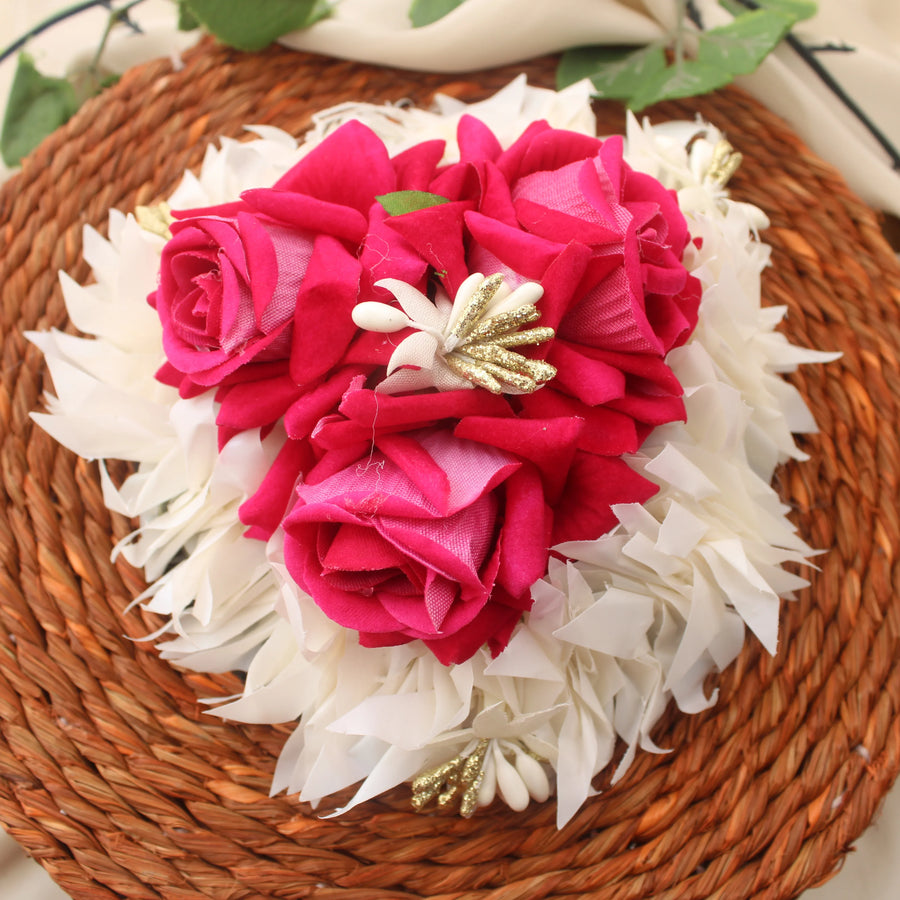 Artificial Floral Juda Bun Gajra – Red & White Rose Design - Sparkle and Glow