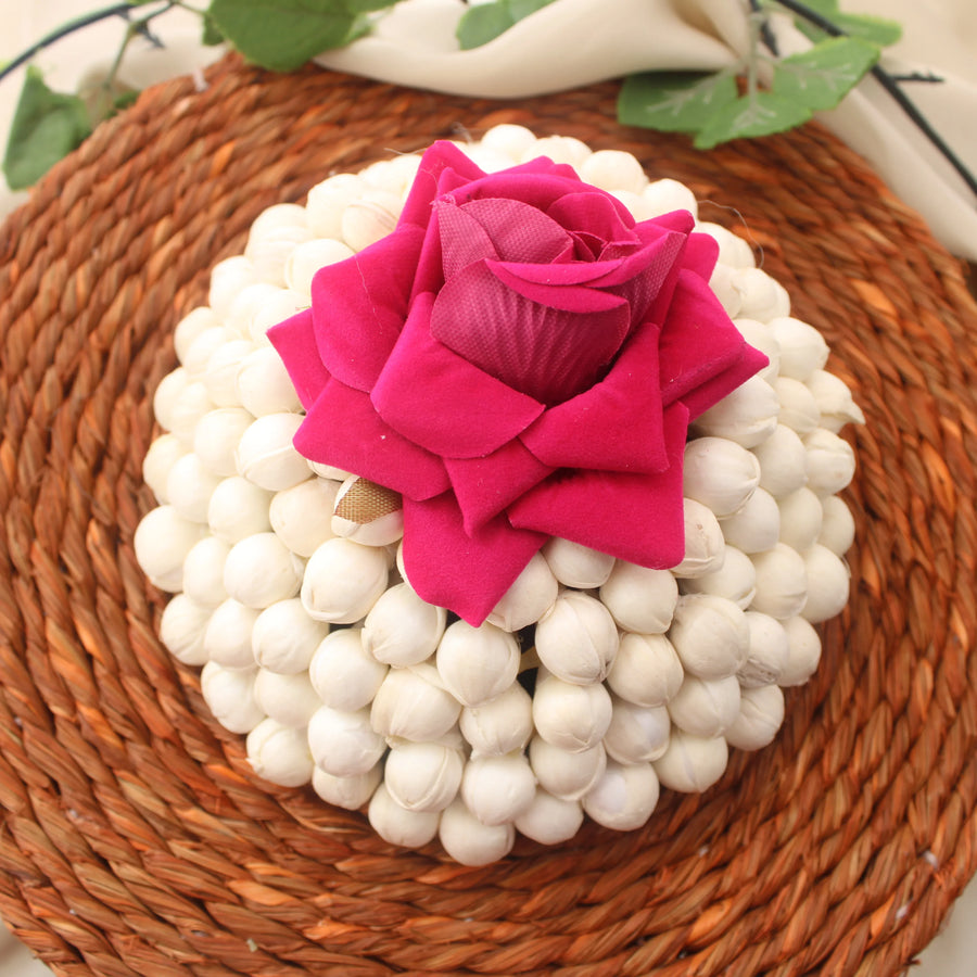 White Jasmine Style Bun Cover with Pink Rose – Artificial Juda Hair Accessory - Sparkle and Glow