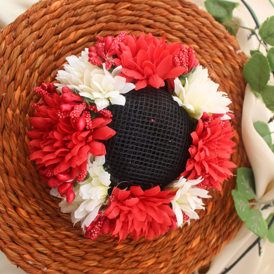 Red & White Floral Bun Net (Juda Cover) – Artificial Hair Accessory - Sparkle and Glow