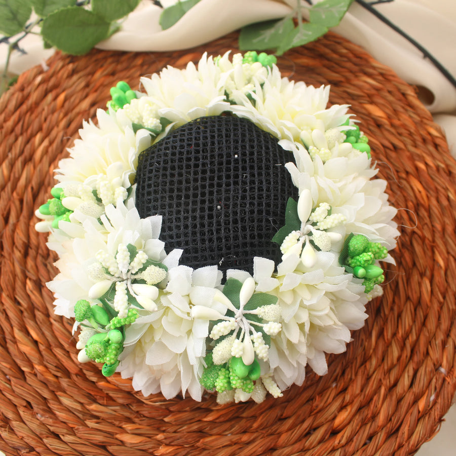 White Floral Hair Bun Volume Shaper with Green Accents - Sparkle and Glow
