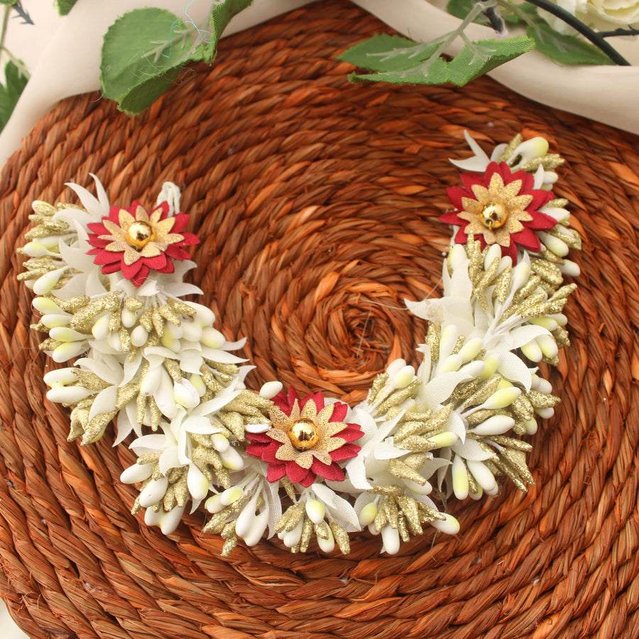 White and Gold Artificial Flower Gajra with Red Accent Flowers - Sparkle and Glow
