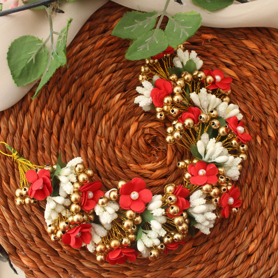 Red and White Artificial Flower Gajra with Golden Beads - Sparkle and Glow
