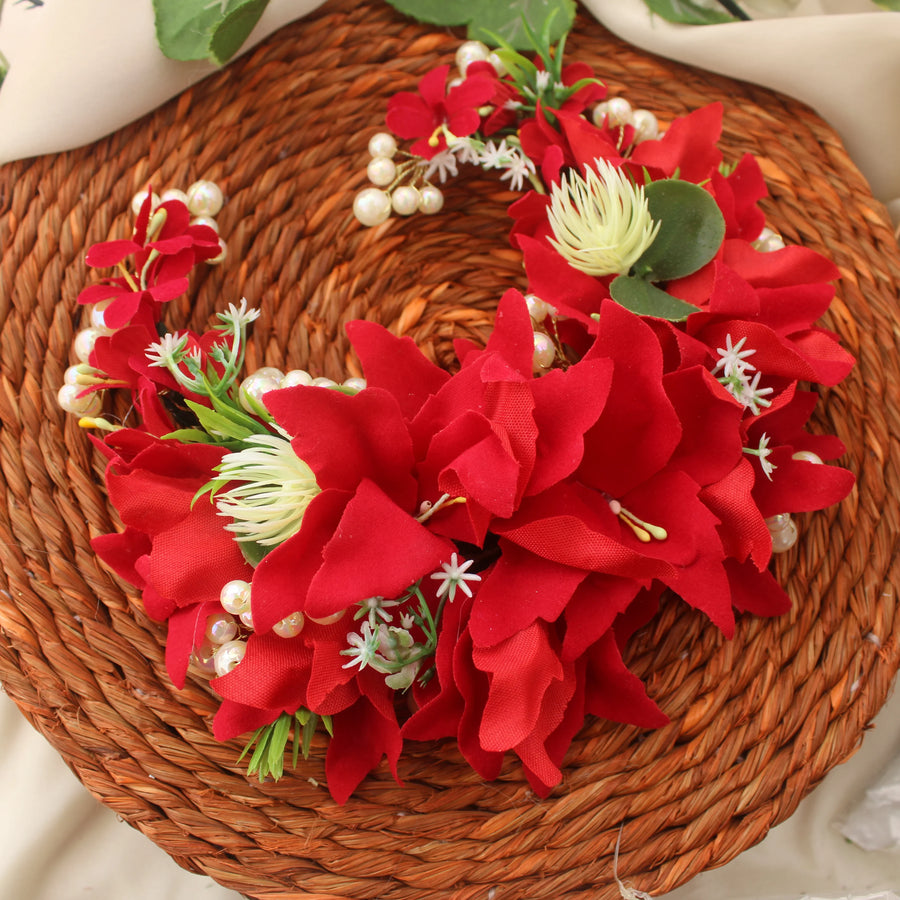 Red Floral Hair Gajra with Pearl and Leaf Accents - Sparkle and Glow