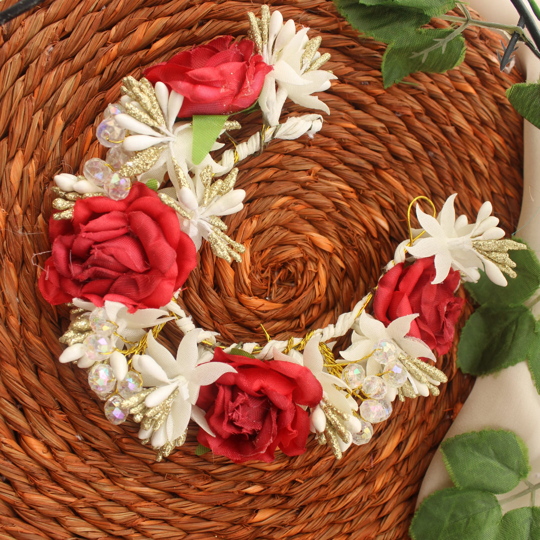 Red Rose & White Floral Hair Veni with Pearls & Gold Accents