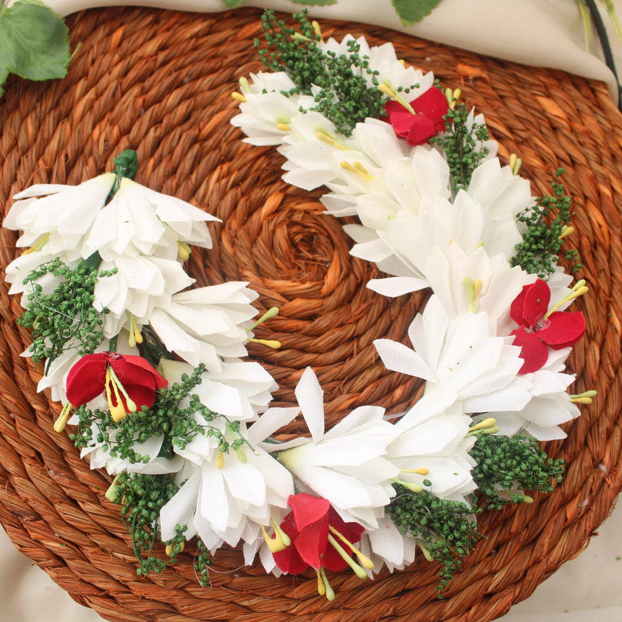 White and Red Artificial Hair Gajra with Green Accents - Sparkle and Glow