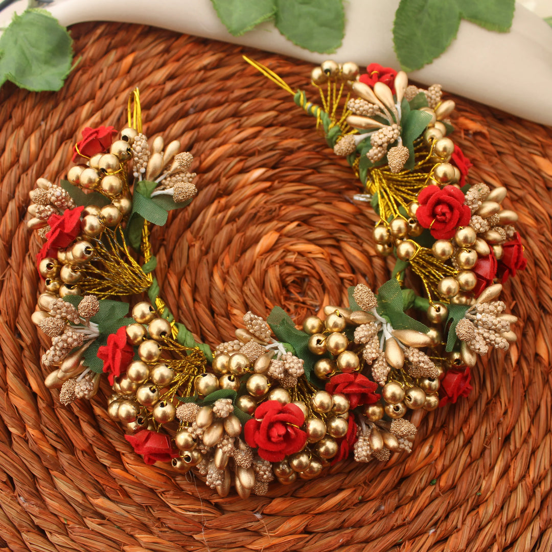 Traditional Red & Gold Artificial Flower Gajra for Hair Bun - Sparkle and Glow
