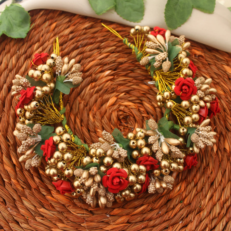 Traditional Red & Gold Artificial Flower Gajra for Hair Bun - Sparkle and Glow