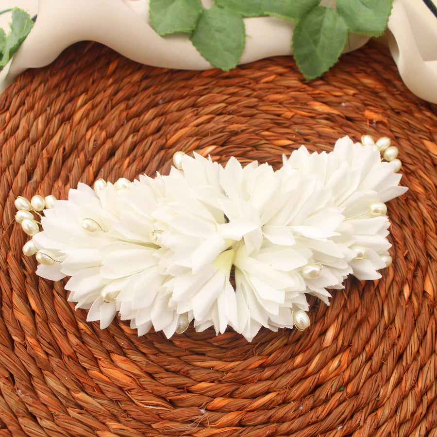 White Artificial Flower Hair Gajra with Pearl Accents - Sparkle and Glow