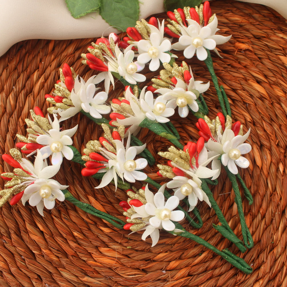 Traditional White & Red Artificial Flower Veni - Sparkle and Glow