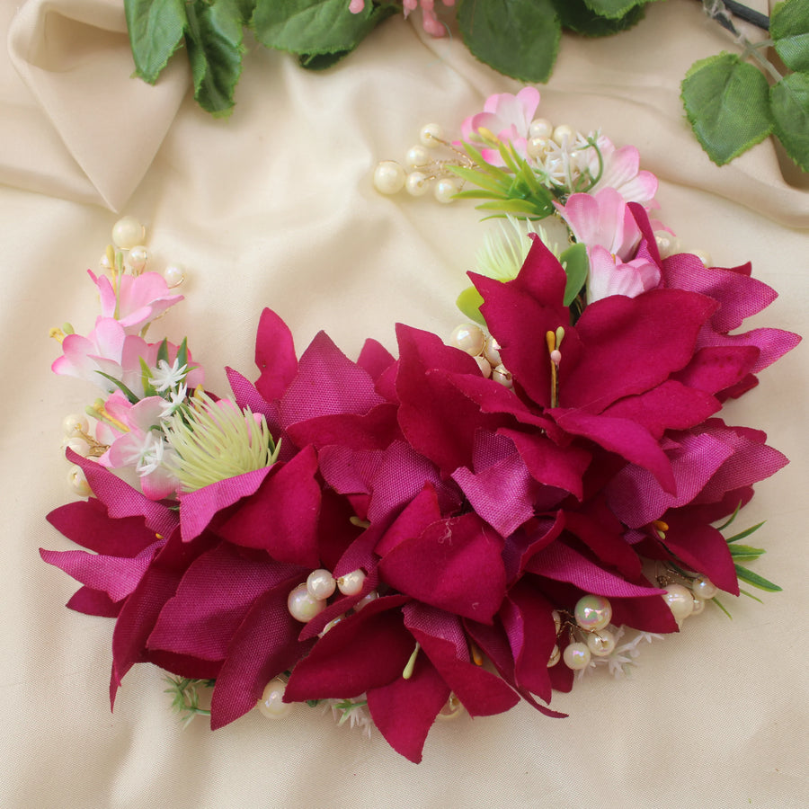 Magenta Floral Veni with Pearls and Pink Accents for Hair Bun - Sparkle and Glow