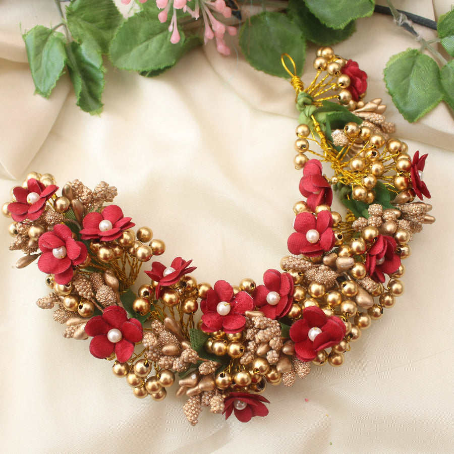 Traditional Golden Veni Gajra with Red Flowers and Pearl - Sparkle and Glow