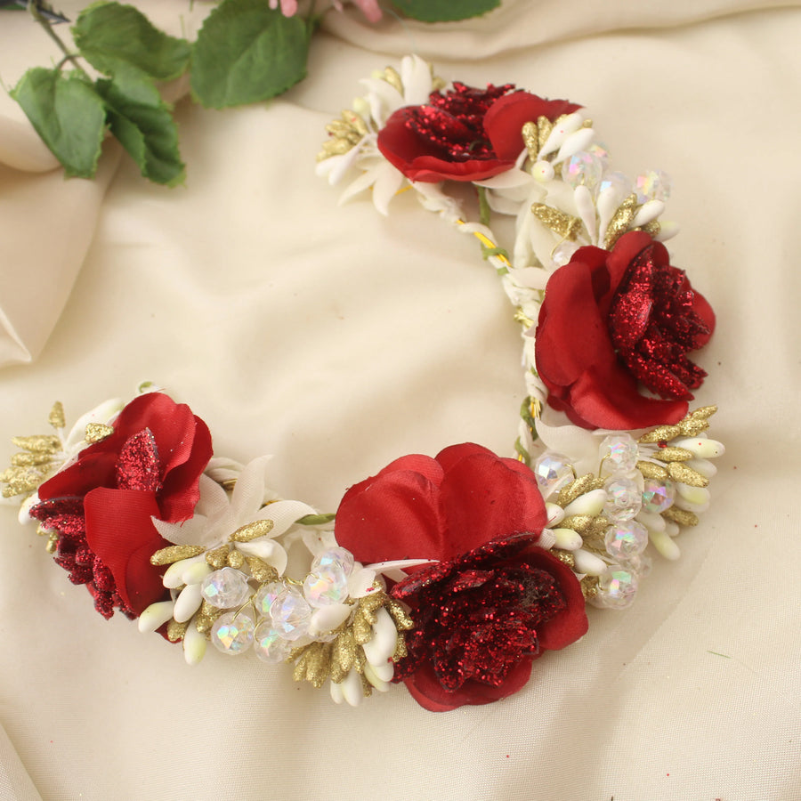 Red Glitter Rose Artificial Floral Veni Gajra for Hair Bun - Sparkle and Glow