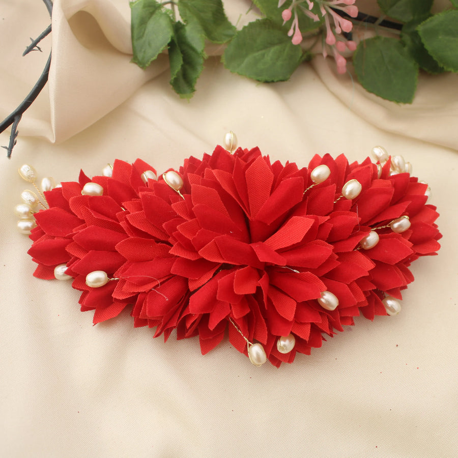Red Artificial Flower Hair Veni with Pearl Accents - Sparkle and Glow