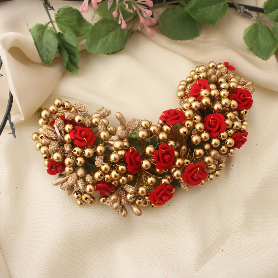 Golden Bead and Red Rose Artificial Hair Veni - Sparkle and Glow