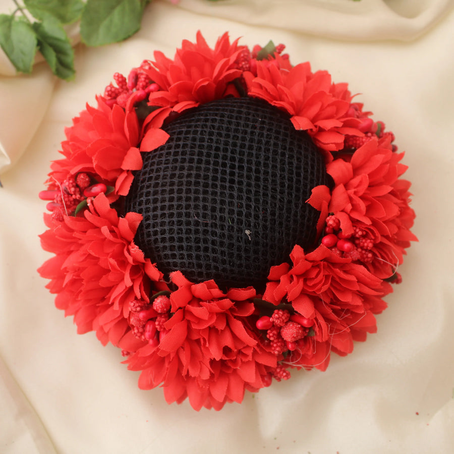 Red Floral Hair Bun Cover with Volume Shaper - Sparkle and Glow