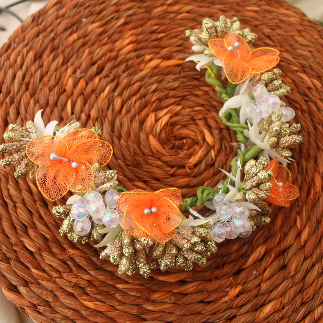 Orange and Gold Artificial Floral Hair Veni - Sparkle and Glow