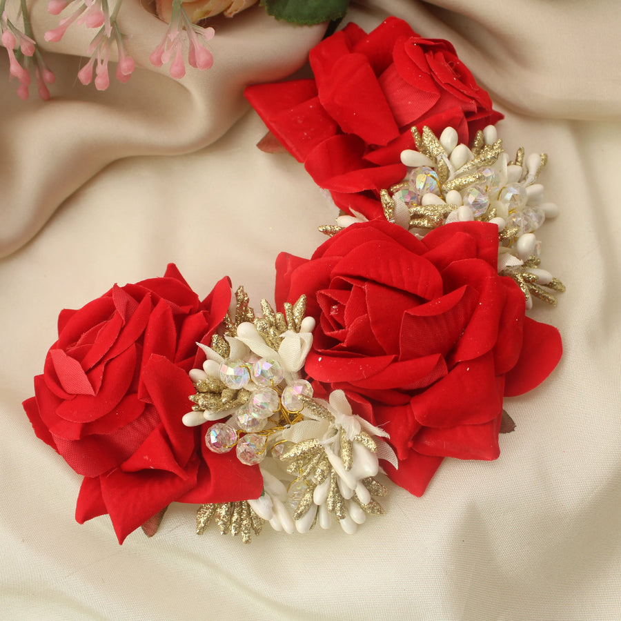 Elegant Red Rose Bridal Hair Veni with Golden Accents - Sparkle and Glow