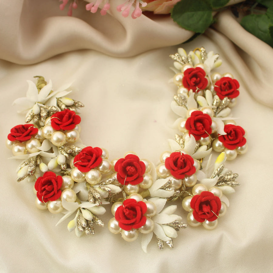 Red Rose and Pearl Floral Hair Veni - Sparkle and Glow