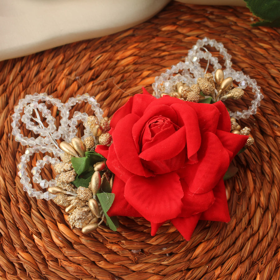 Bold Red Rose Bun Accessory with Crystal Loops - Sparkle and Glow
