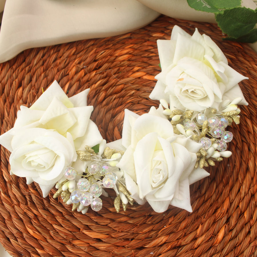 Elegant White Rose Hair Veni with Crystal Beads - Sparkle and Glow