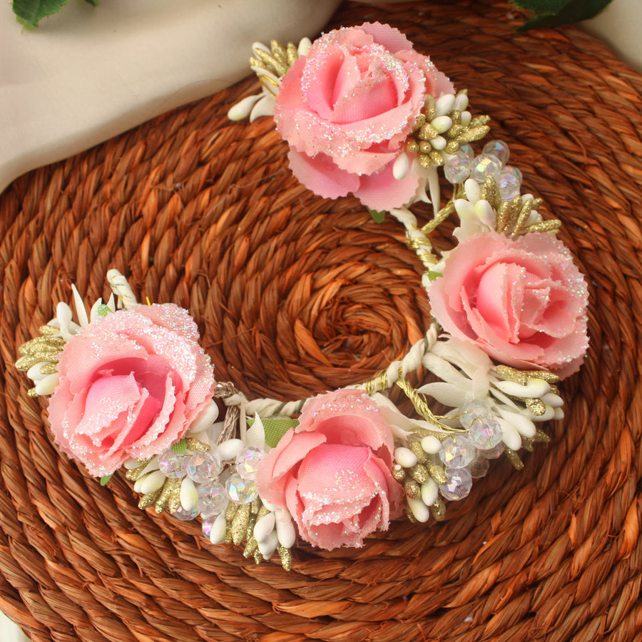 Glitter Pink Rose Hair Veni with White and Gold Accents - Sparkle and Glow