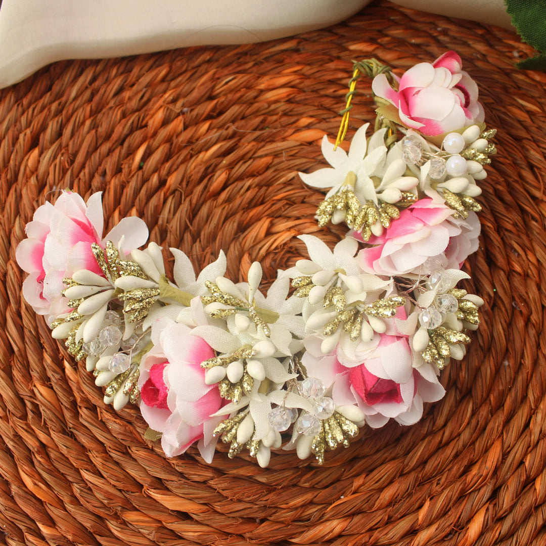 Pink and White Artificial Flower Hair Veni with Golden Accents - Sparkle and Glow