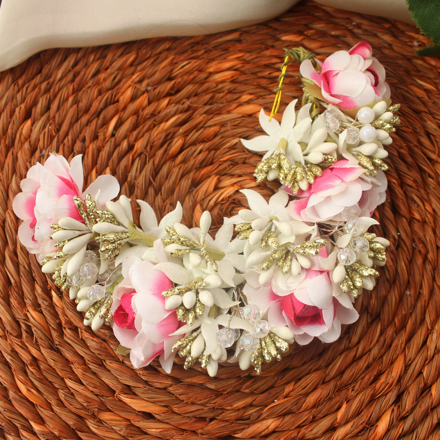 Pink and White Artificial Flower Hair Veni with Golden Accents - Sparkle and Glow