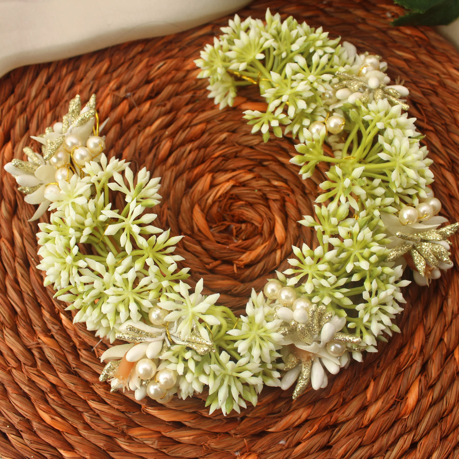 Artificial Jasmine Floral Hair Veni with Pearl & Golden Accents - Sparkle and Glow