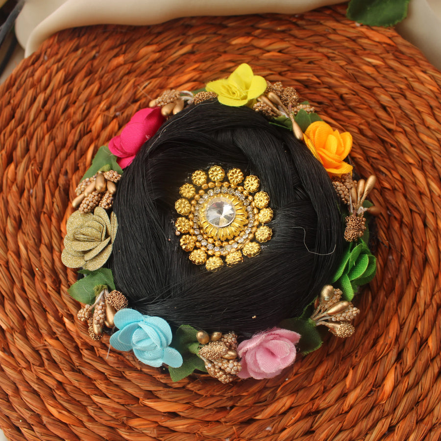 Multicolor Floral Artificial Bun Gajra with Stone Brooch Center - Sparkle and Glow