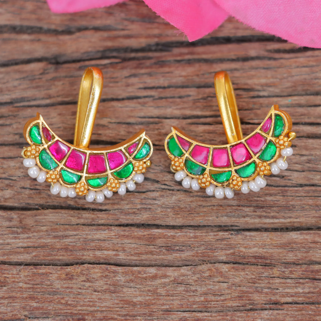 Simple Bugadis Traditional Pink-Green Bugadi Earrings with Pearl Border – Sparkle and Glow