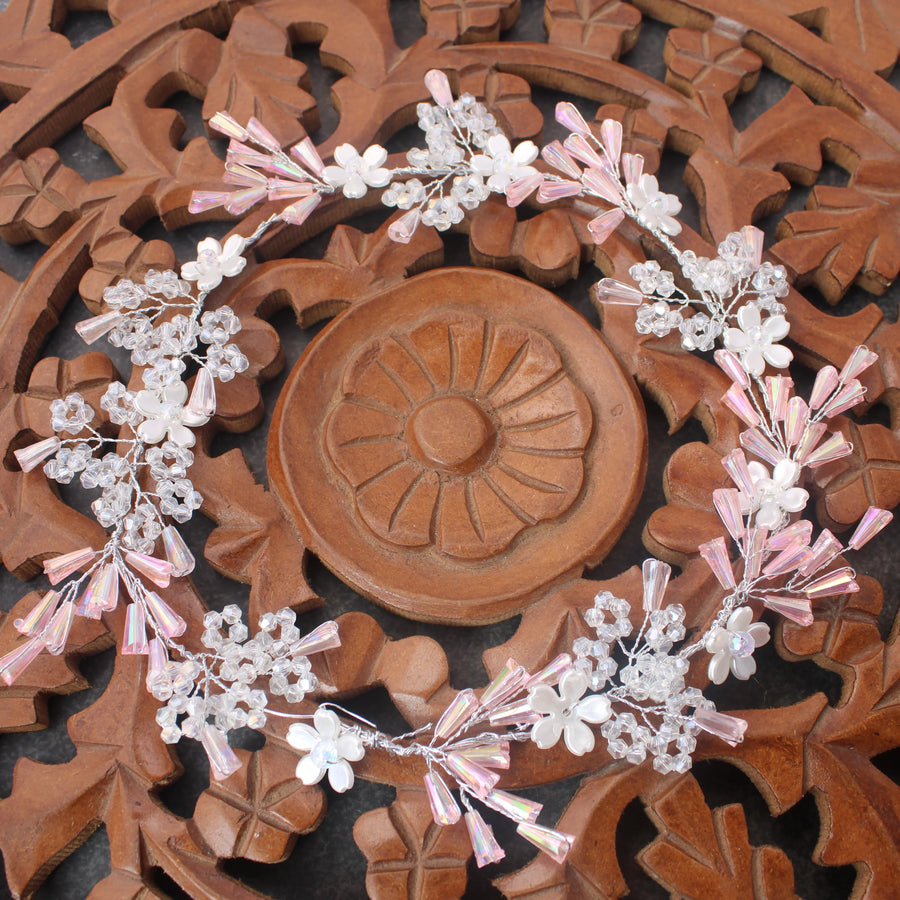 Elegant Pink & White Crystal Floral Hair Vine - Sparkle and Glow