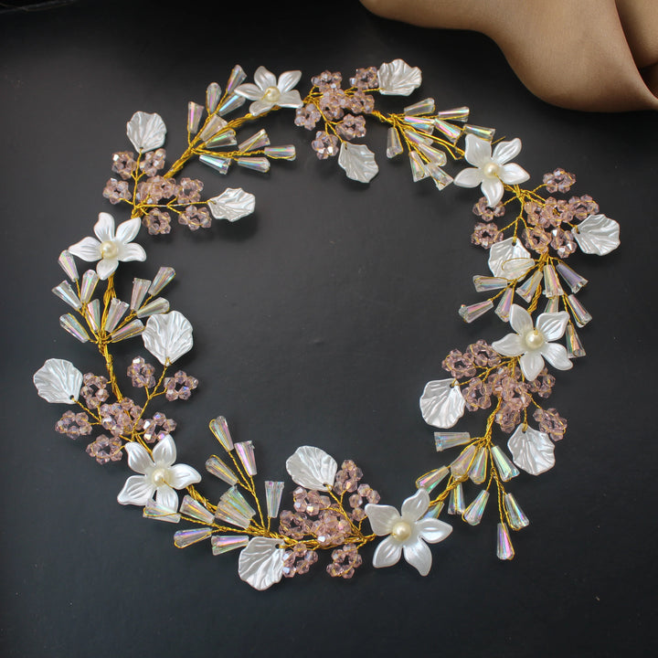 Pearl White Floral Hair Veni with Crystal Beads – Circular Design - Sparkle and Glow