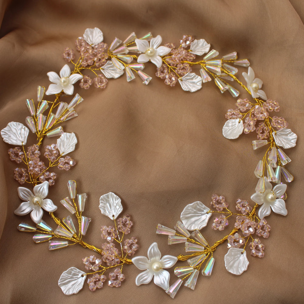 Pearl White Floral Hair Veni with Crystal Beads – Circular Design - Sparkle and Glow