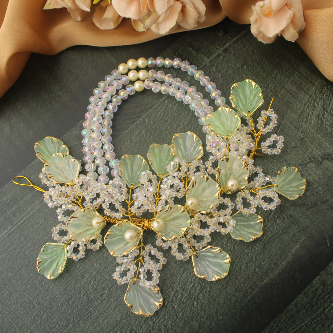 Pastel Green Floral Beaded Hair Veni - Sparkle and Glow