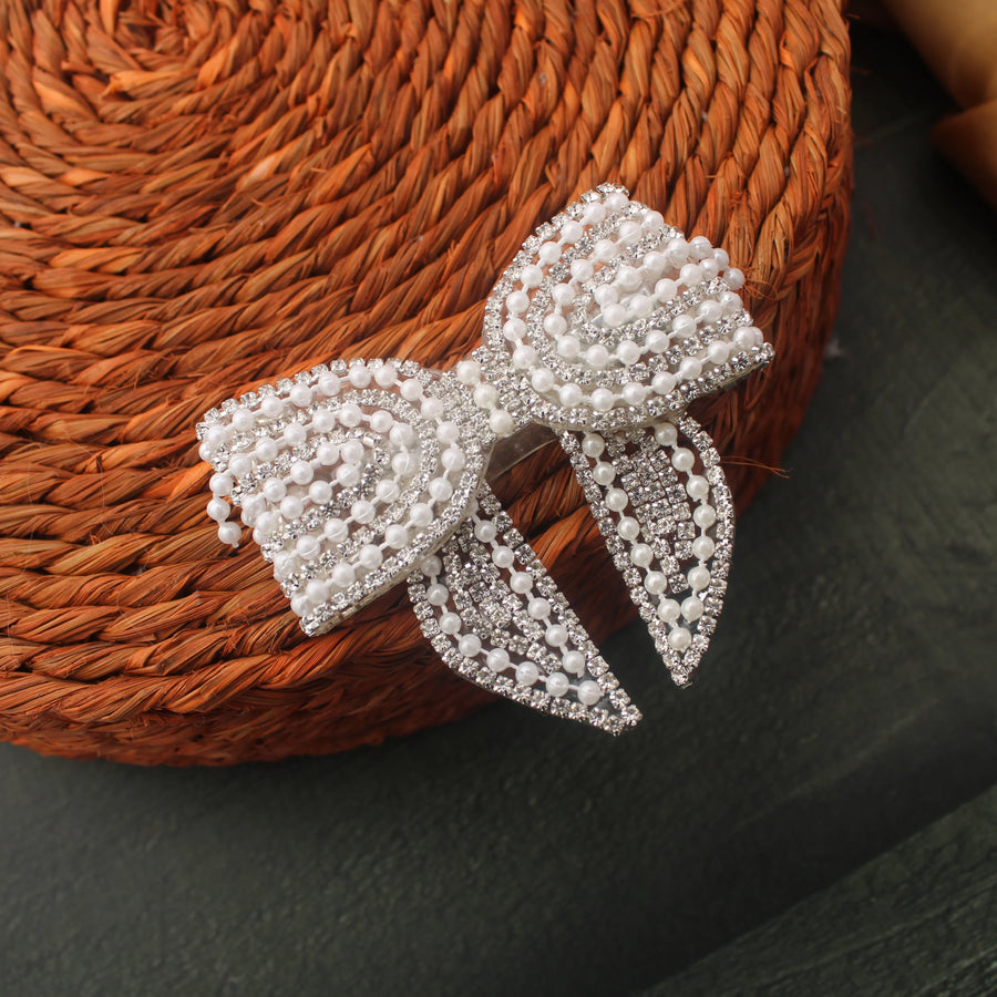Pearl & Rhinestone Embellished Bow Hair Clip - Sparkle and Glow