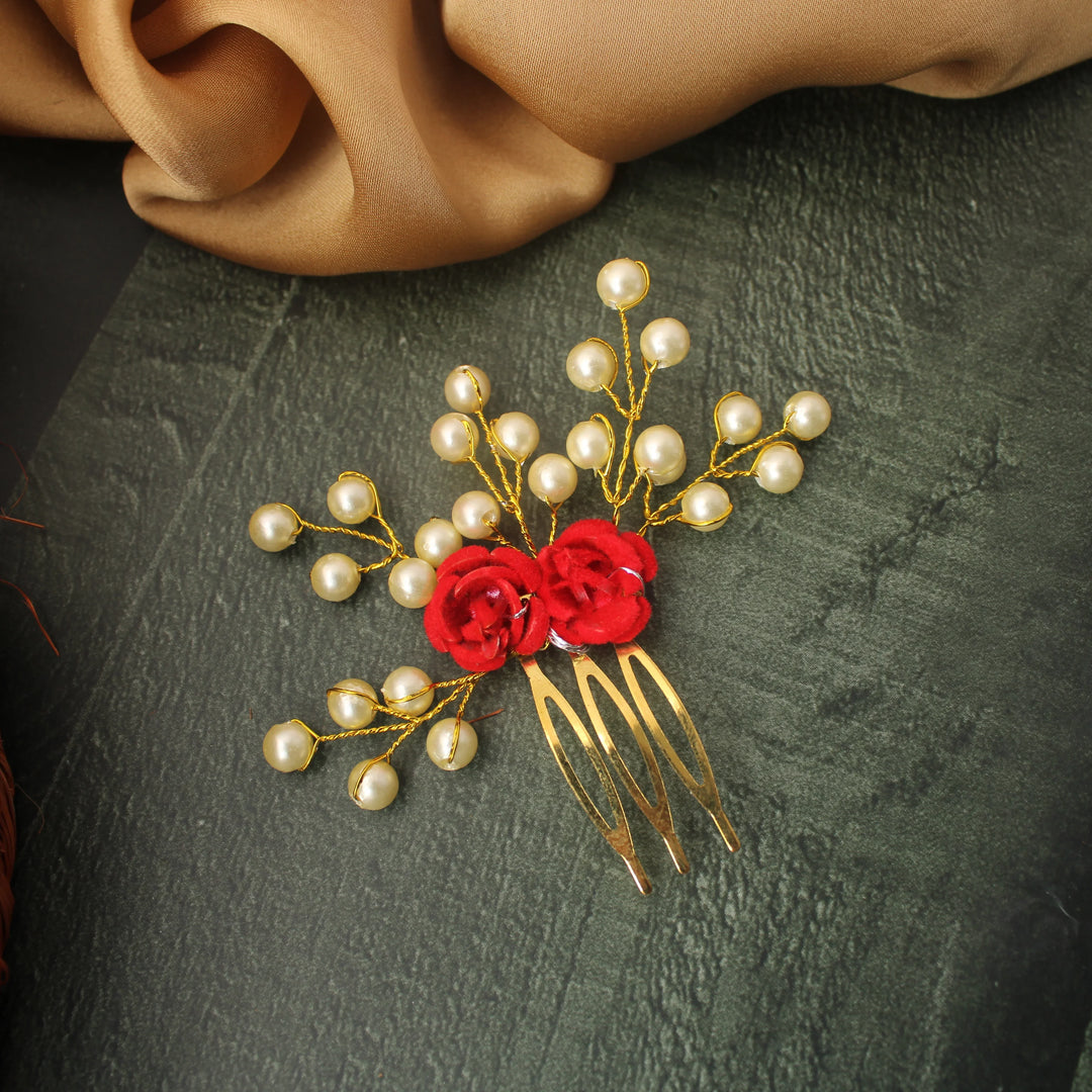 Red Rose & Pearl Hair Pin - Sparkle and Glow