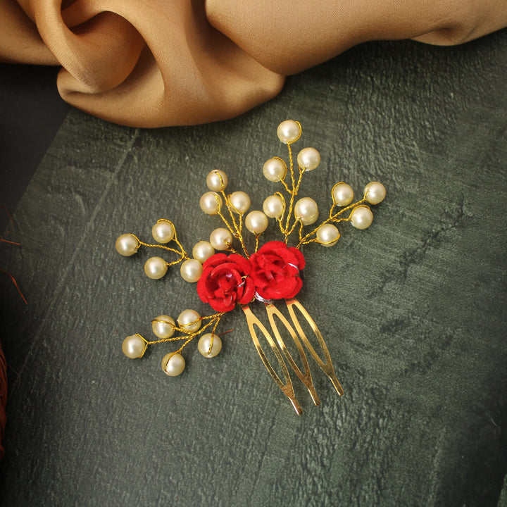 Red Rose & Pearl Hair Pin - Sparkle and Glow
