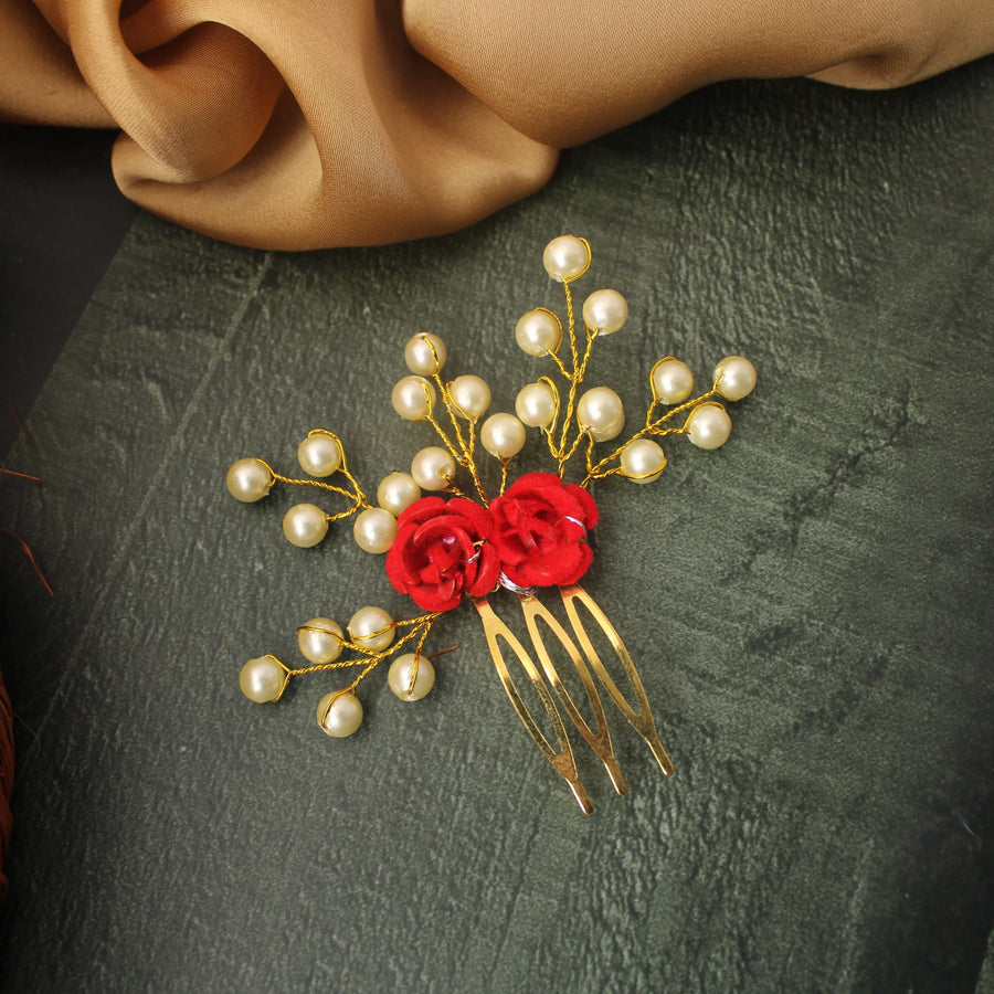 Red Rose & Pearl Hair Pin - Sparkle and Glow