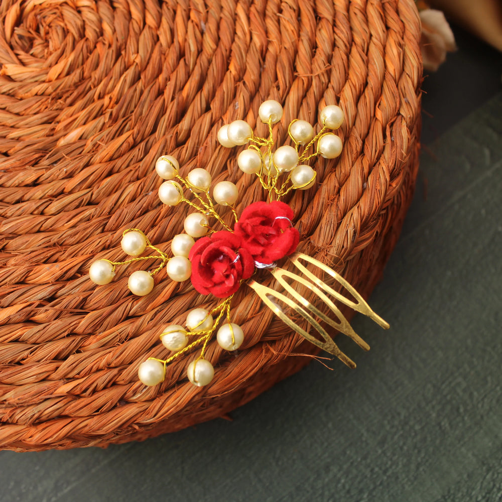 Red Rose & Pearl Hair Pin - Sparkle and Glow
