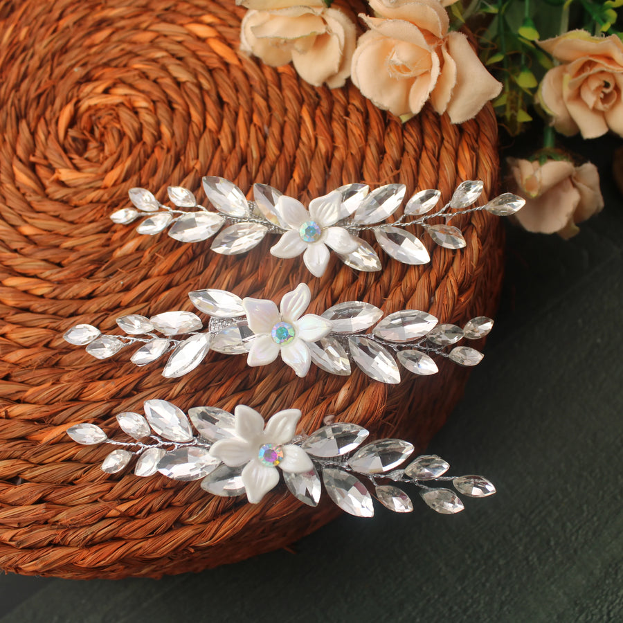 White Floral Crystal Hair Pins - Sparkle and Glow