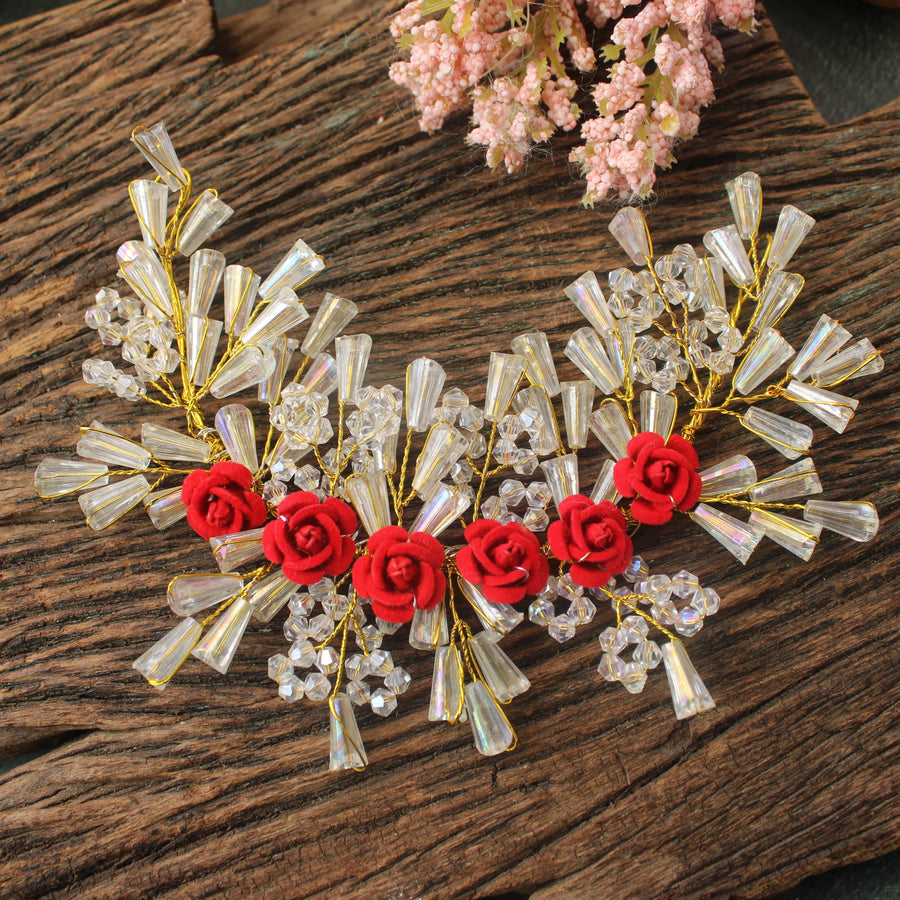 Red Rose & Crystal Bead Hair Veni - Sparkle and Glow