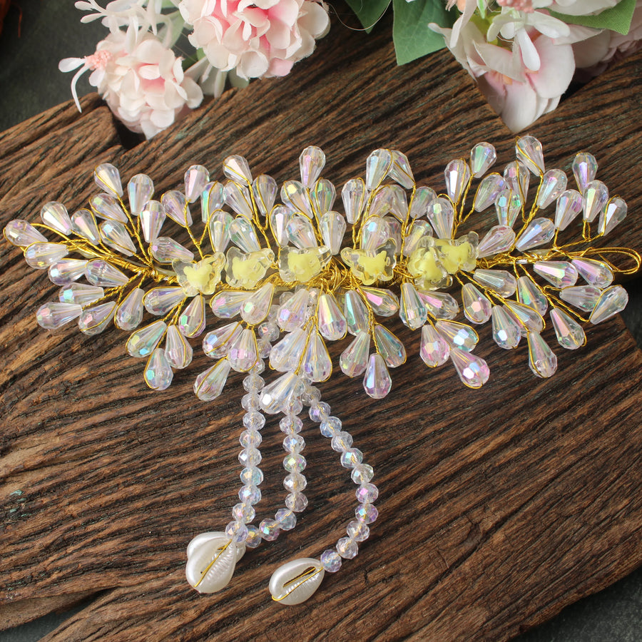 Yellow Floral & Crystal Beaded Hair Veni with Cowrie Shell Drops - Sparkle and Glow
