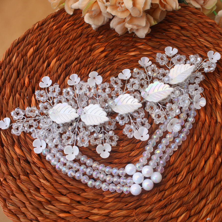 White Leaf & Crystal Beaded Hair Veni - Sparkle and Glow