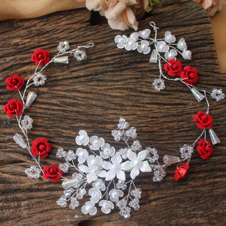 White & Red Rose Crystal Hair Vine - Sparkle and Glow