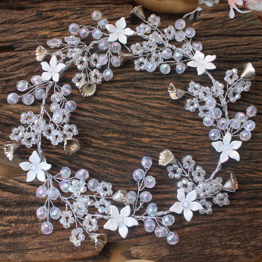 White Floral & Crystal Hair Gajra with Silver Bells - Sparkle and Glow