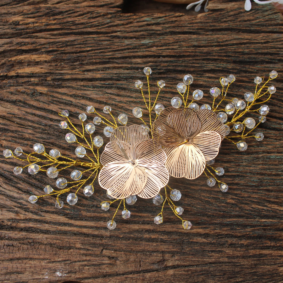 Gold Metal Floral Hair Gajra with Crystal Beads - Sparkle and Glow