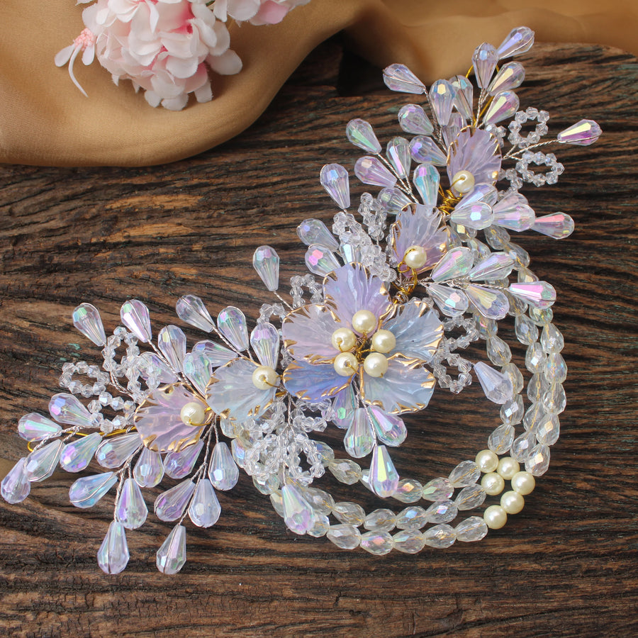 Iridescent Crystal Floral Hair Veni with Pearls - Sparkle and Glow