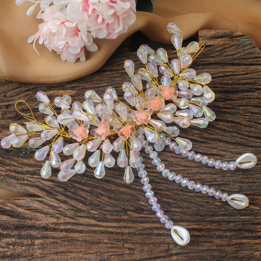 Peach Floral Crystal Gajra with Cowrie Shell Drops - Sparkle and Glow