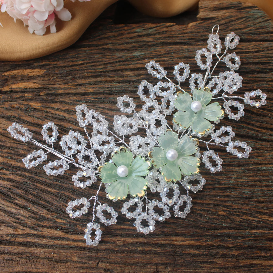 Mint Green Floral Crystal Gajra - Sparkle and Glow