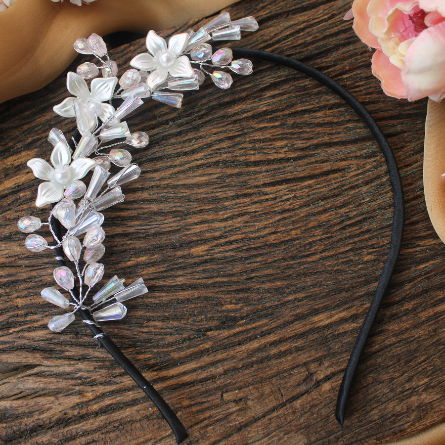 White Floral Crystal Bead Side Hairband - Sparkle and Glow